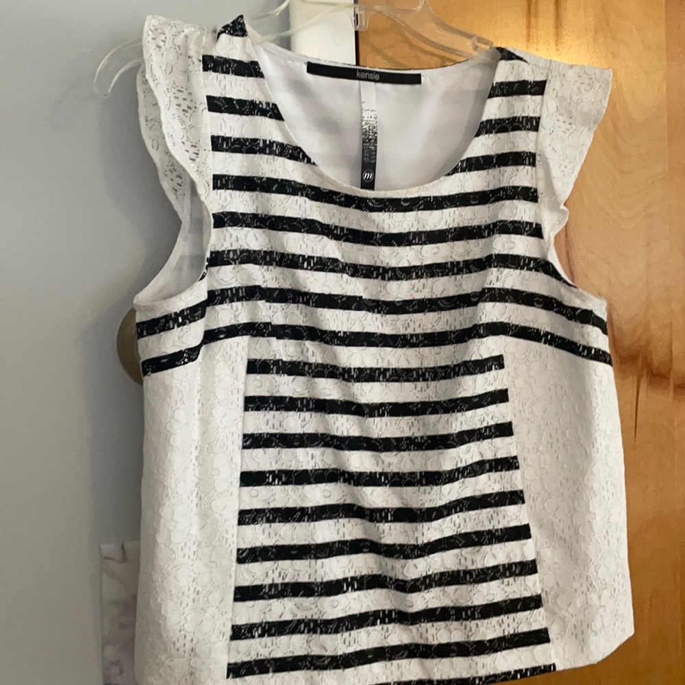 Kensie Striped Blouse with Ruffle cap Sleeve